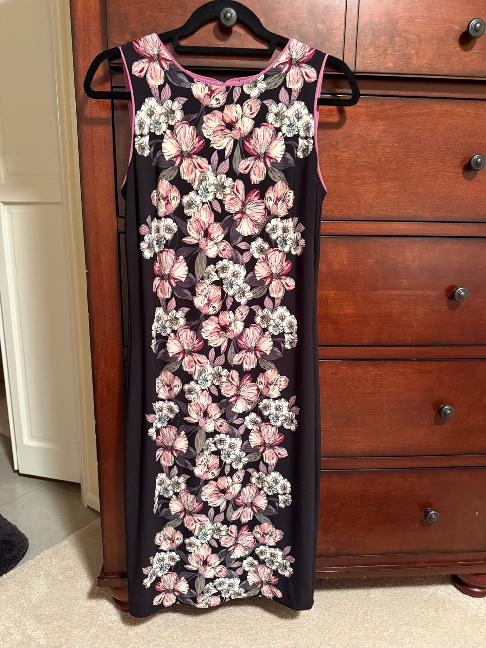 Sleeveless Black Floral Column Dress with Pink Accents